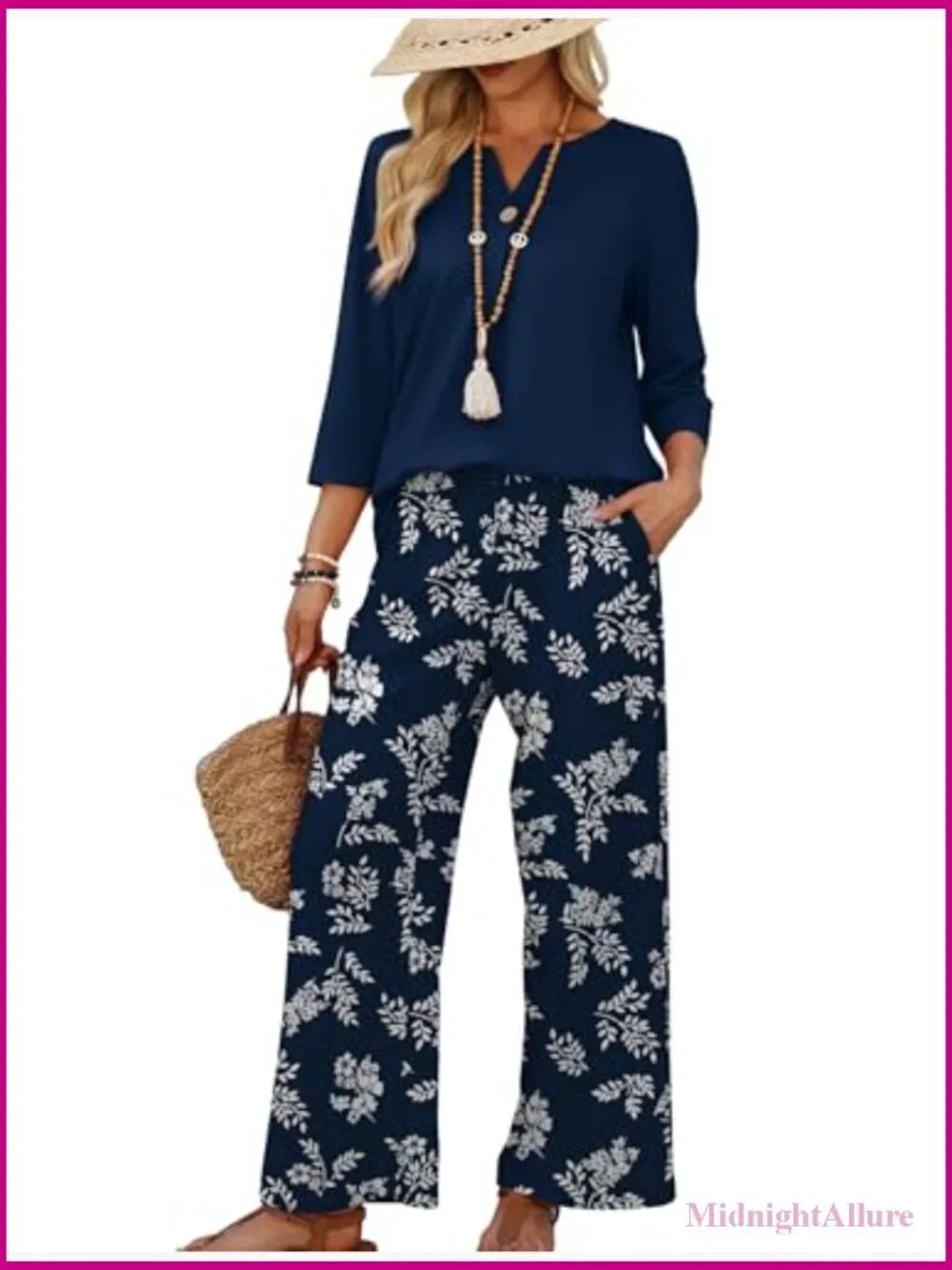Two Piece Lounge Set - 3/4 Sleeve V-Neck Top & Wide Leg Pants